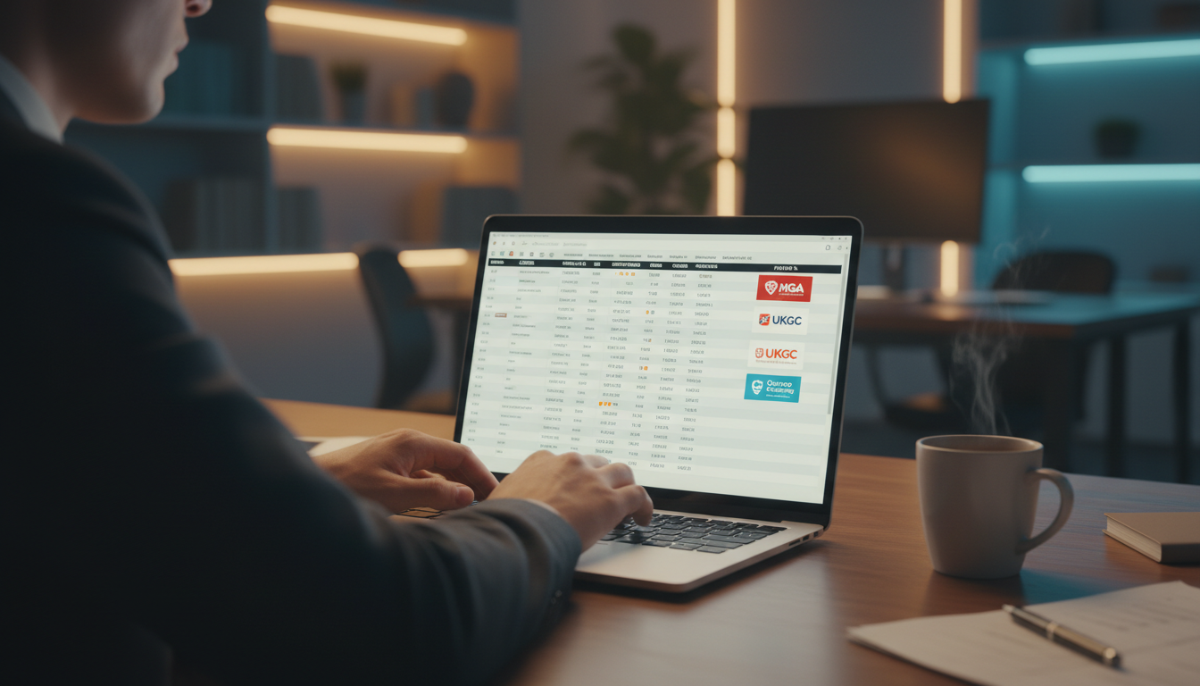 Expert reviewer checking casino license details on a laptop