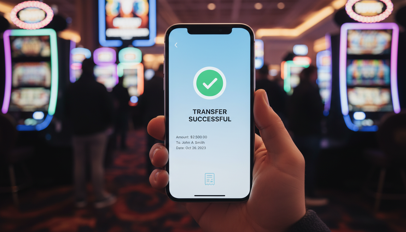 Osoba trzymająca smartfon z aplikacją płatniczą na tle kasyna