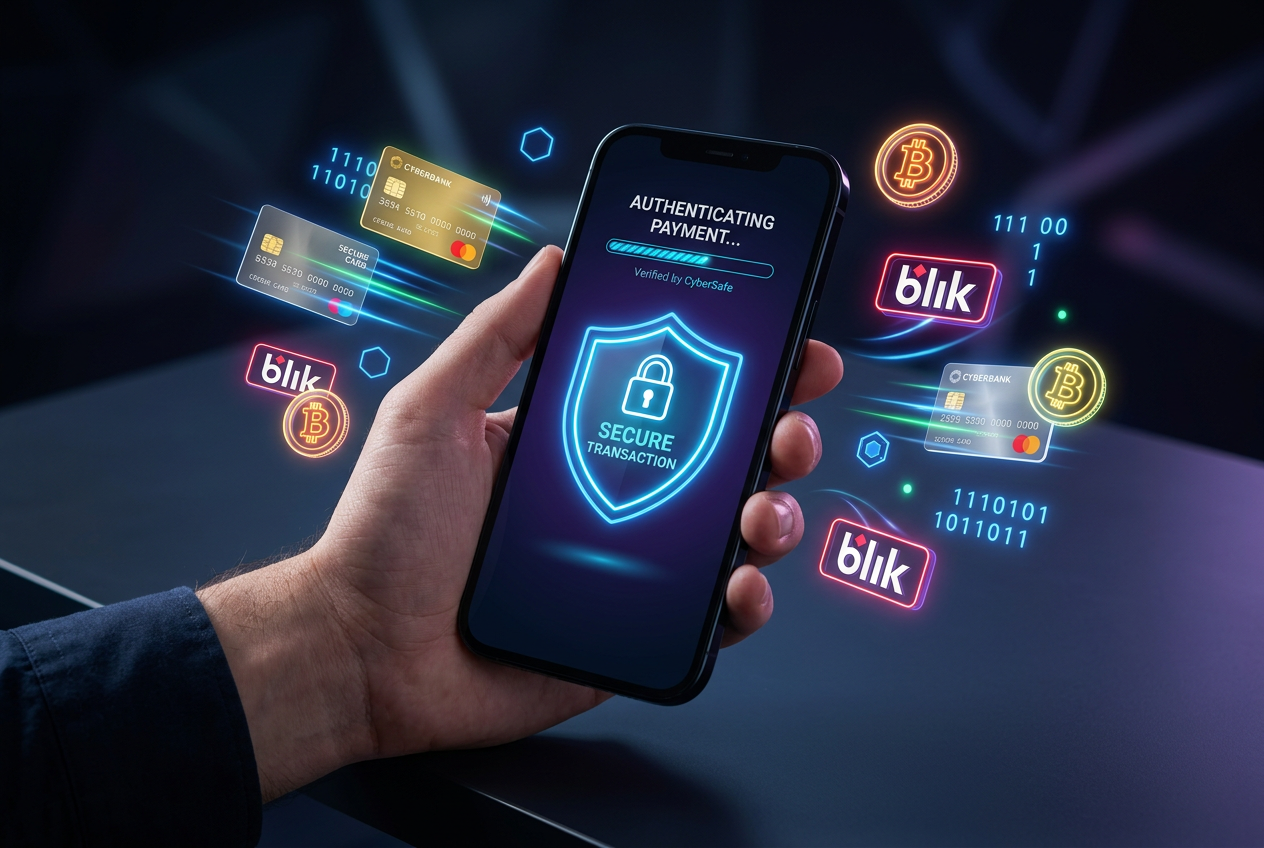 Smartfon wyświetlający bezpieczne potwierdzenie płatności cyfrowej z kłódką i ikonami walut